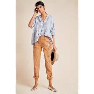 Boho Anthropologie The Wanderer Embroidered Cargo Pants Size 30 Caramel Brown